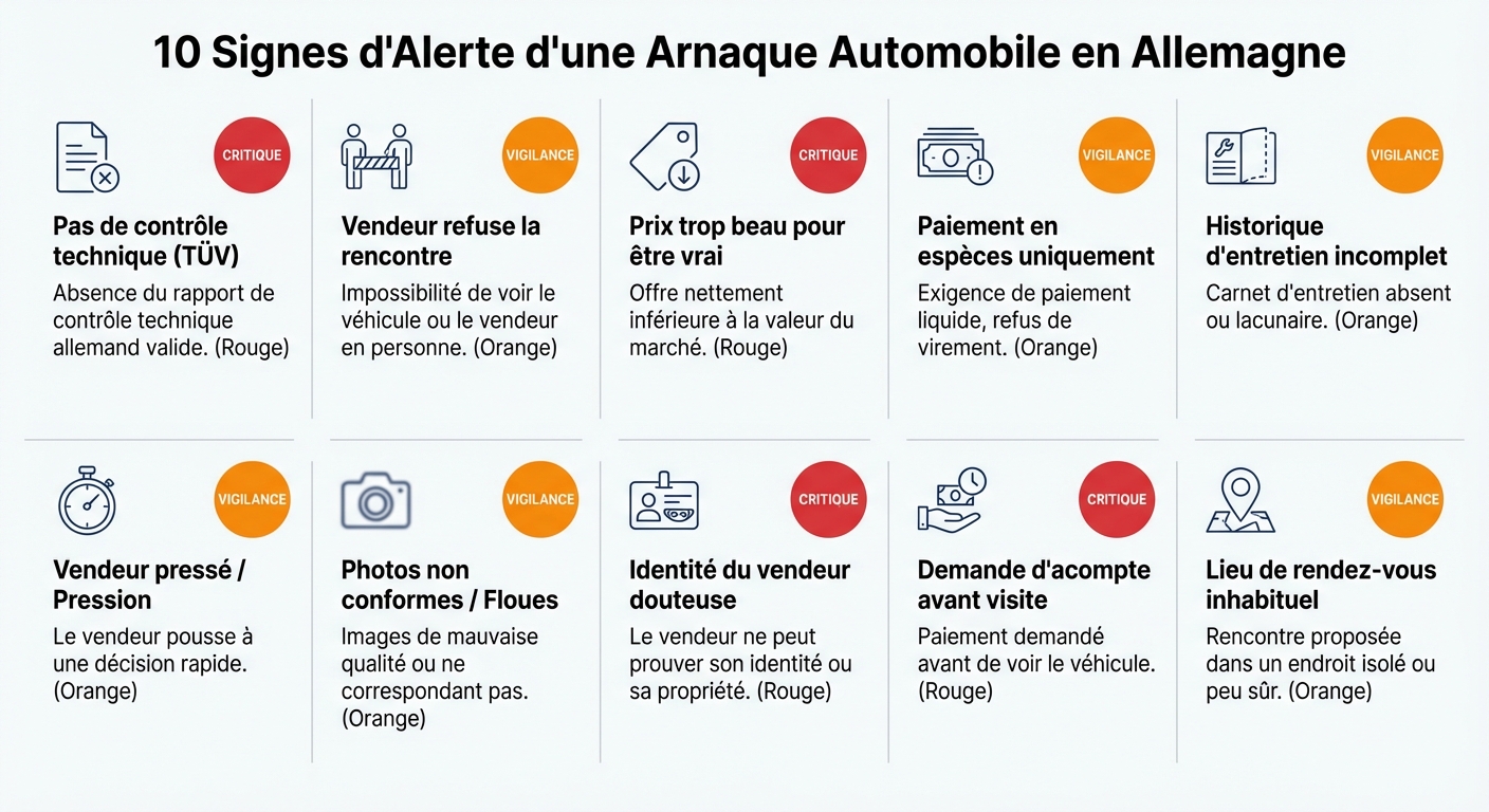 Infographie annotée d'une annonce de voiture d'occasion allemande type mobile.de avec les champs clés expliqués