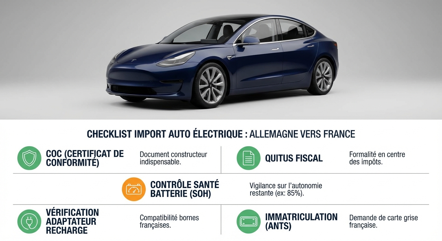 Infographie présentant la méthode en 5 étapes pour vérifier à distance une voiture d'occasion allemande