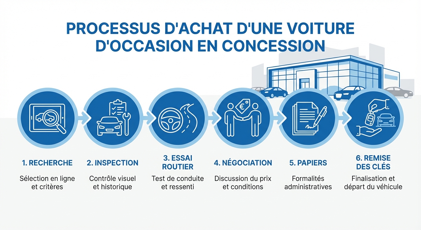 Infographie des sept avantages d'une voiture d'occasion en concession