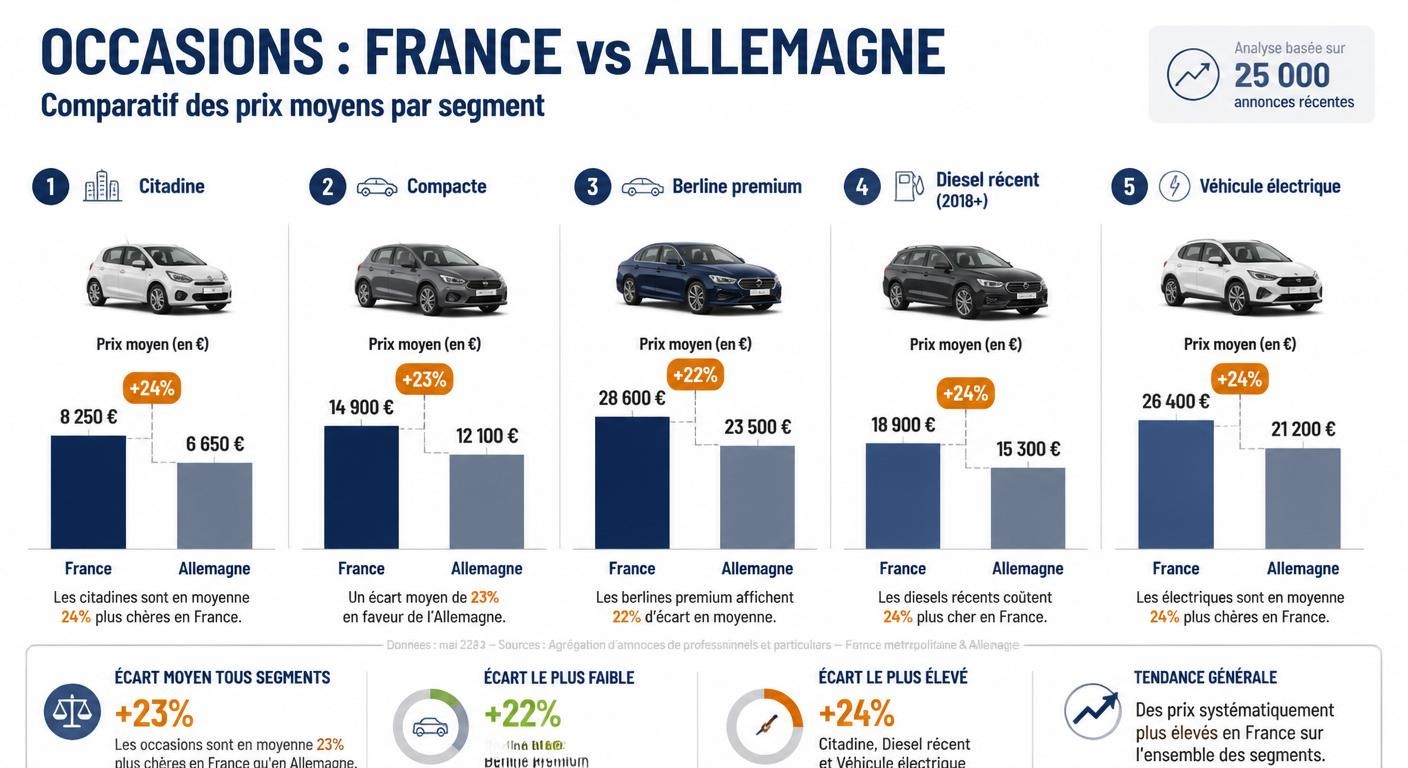 Infographie comparant les prix moyens des voitures d'occasion en France et en Allemagne par segment en 2026