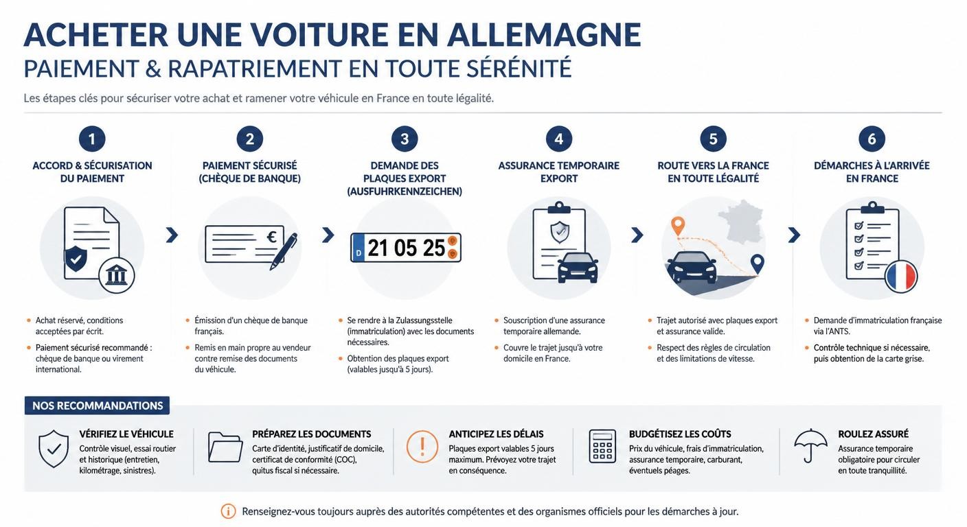 Infographie illustrant les étapes de paiement sécurisé et de rapatriement d'une voiture achetée en Allemagne
