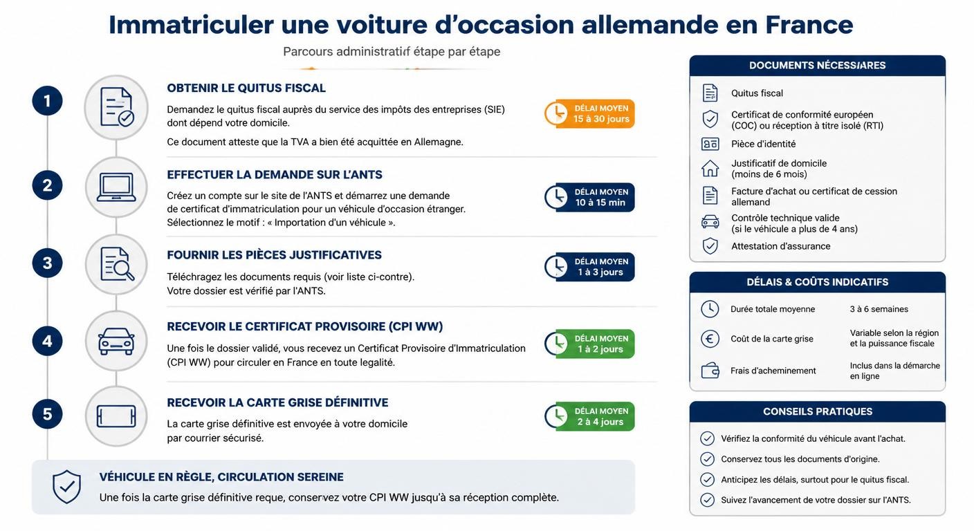Infographie présentant le parcours administratif d'immatriculation française d'une voiture achetée en Allemagne