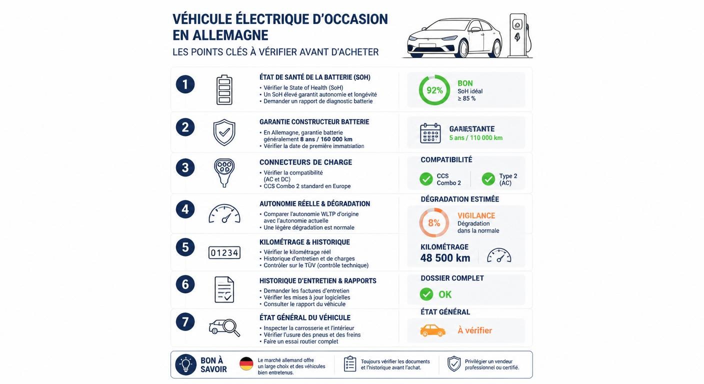 Infographie présentant les points de vigilance pour acheter un véhicule électrique d'occasion en Allemagne