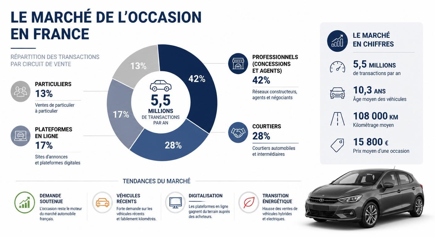 Infographie du marché français de la voiture d'occasion et de la part des concessions