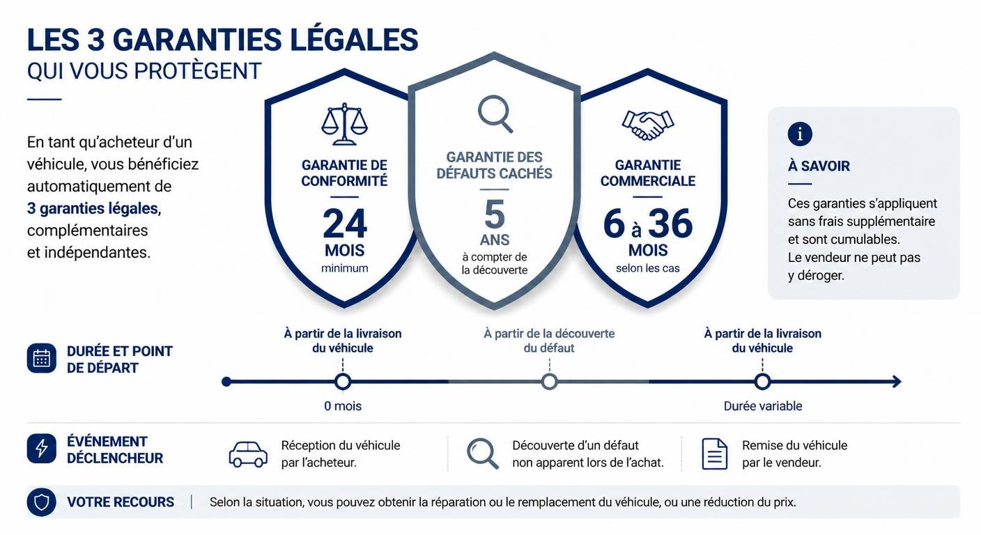 Infographie des trois garanties d'une voiture d'occasion achetée en concession