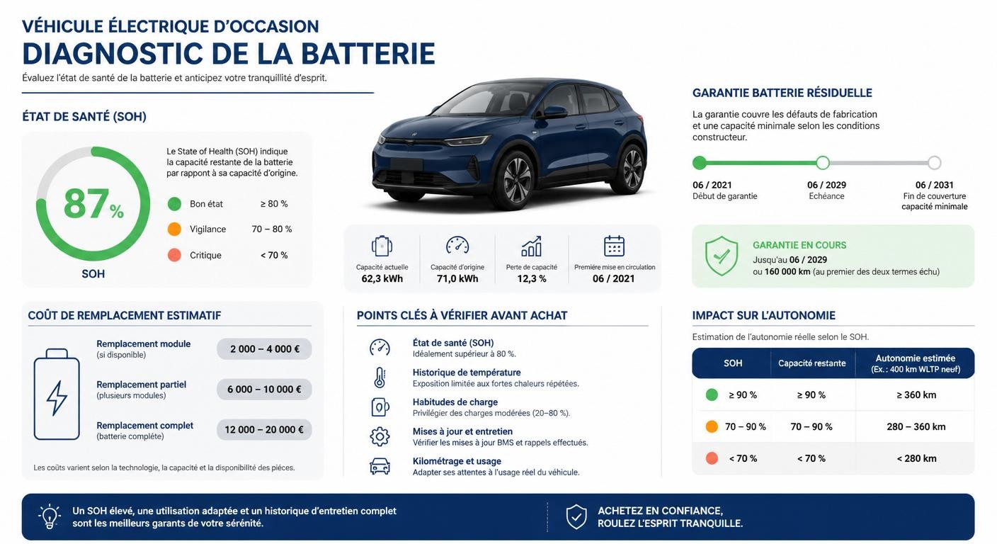 Infographie sur le diagnostic batterie SoH d'un véhicule électrique d'occasion en concession