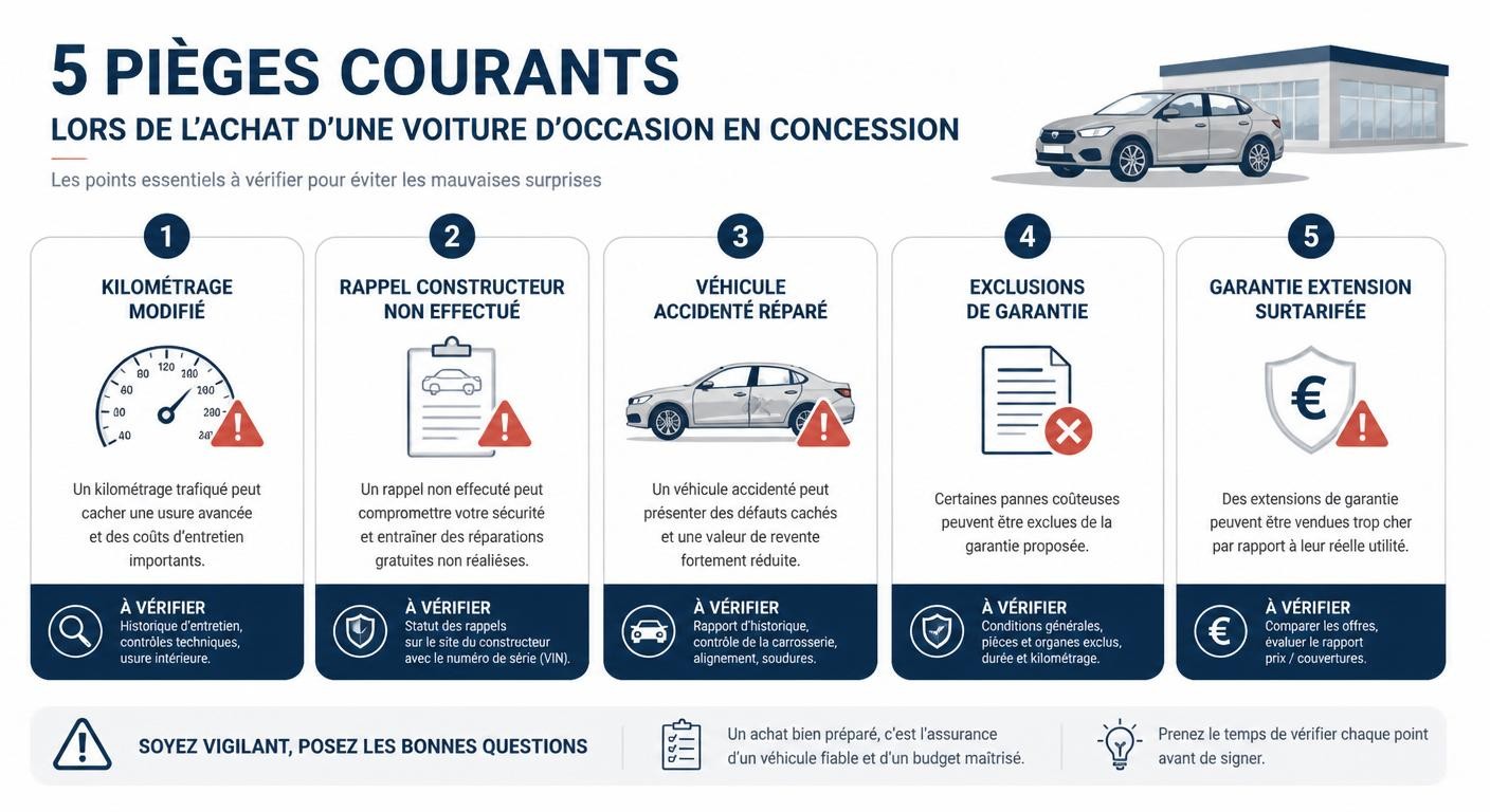 Infographie des cinq pièges fréquents d'un achat de voiture d'occasion en concession