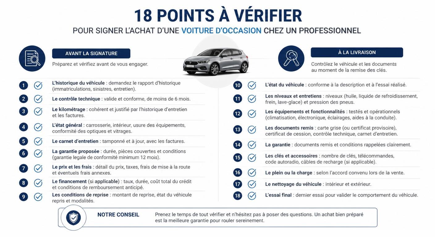 Infographie de la check-list en 18 points pour sécuriser un achat en concession
