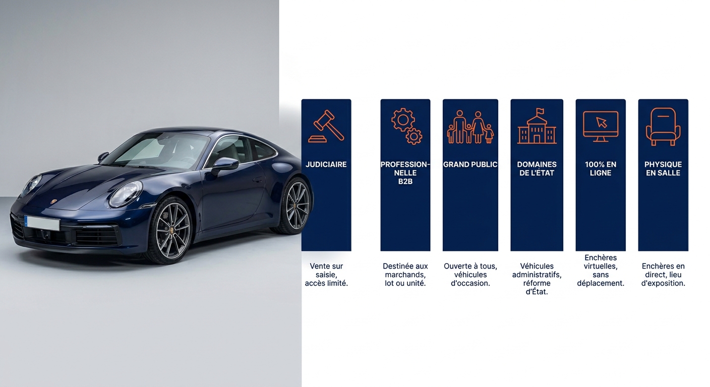 Infographie des 6 types d'enchères automobiles en France