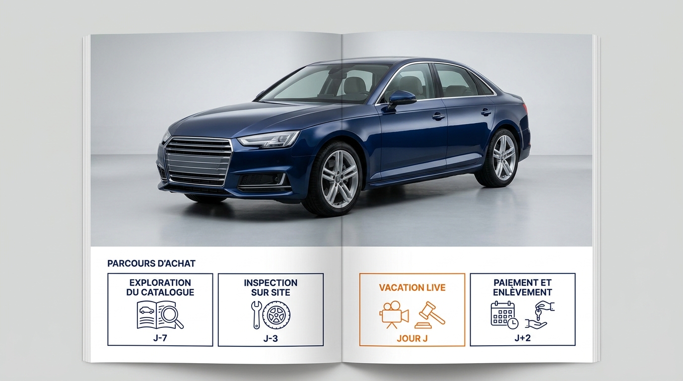 Infographie des 4 étapes d'une enchère de voiture d'occasion