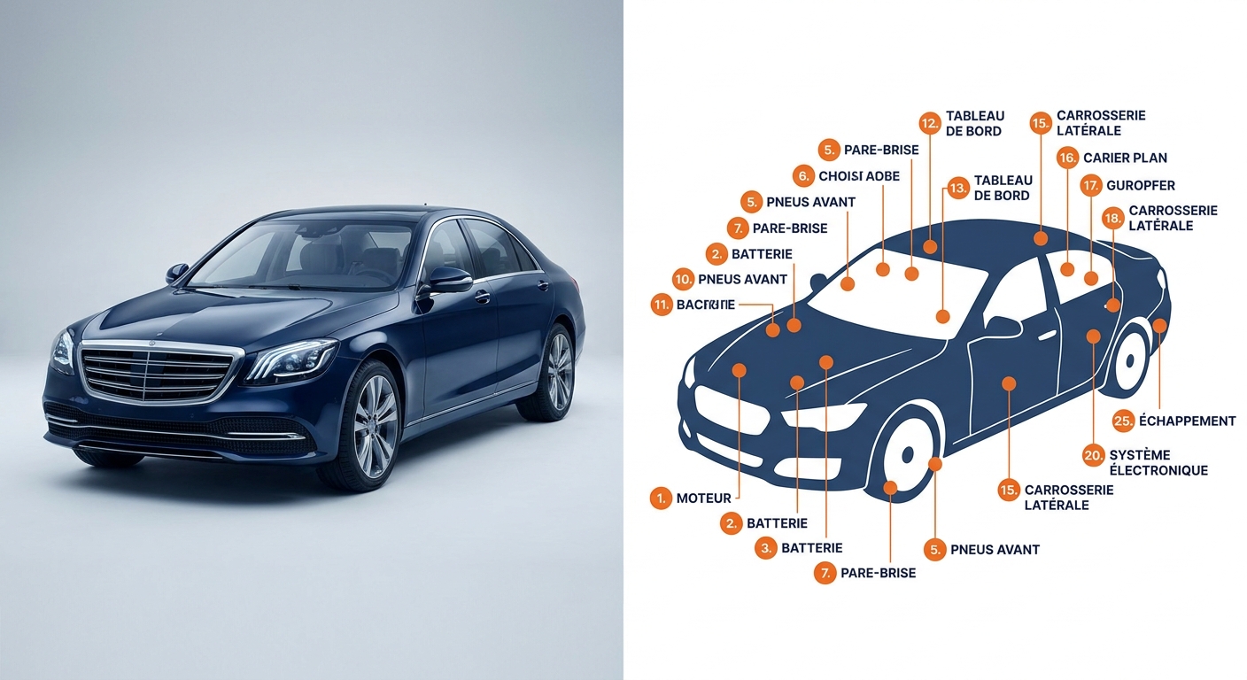 Infographie des 25 points à inspecter sur une voiture aux enchères