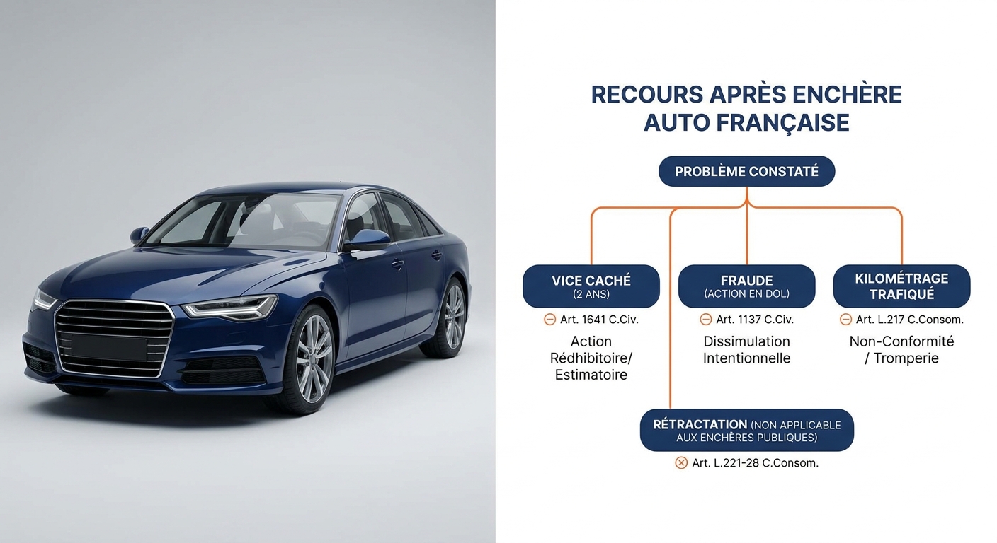 Infographie des recours juridiques après une enchère de voiture