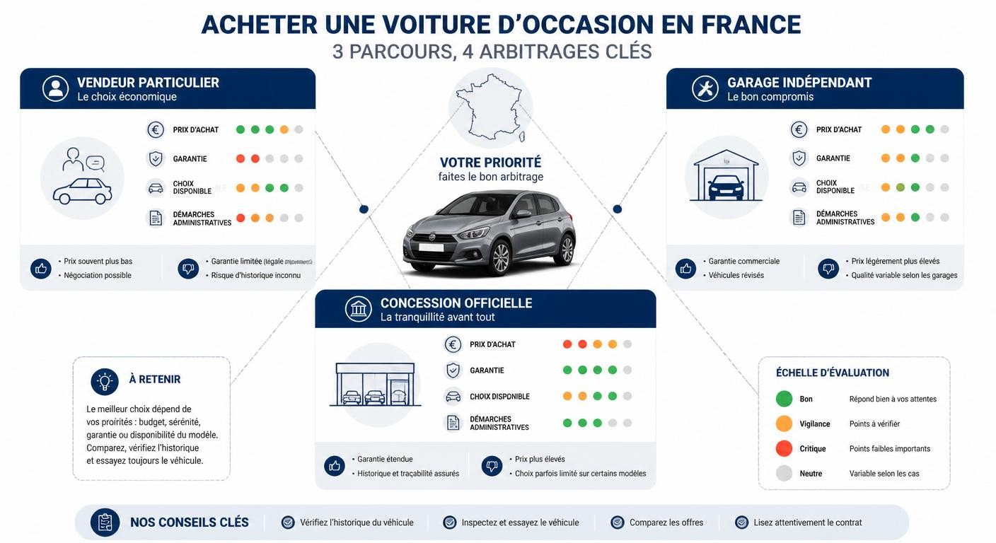Infographie comparant les trois canaux d'achat de voiture d'occasion en France