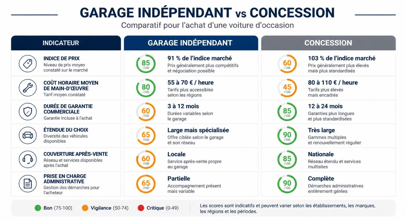 Infographie chiffrée comparant garage indépendant et concessionnaire pour l'achat d'une voiture d'occasion