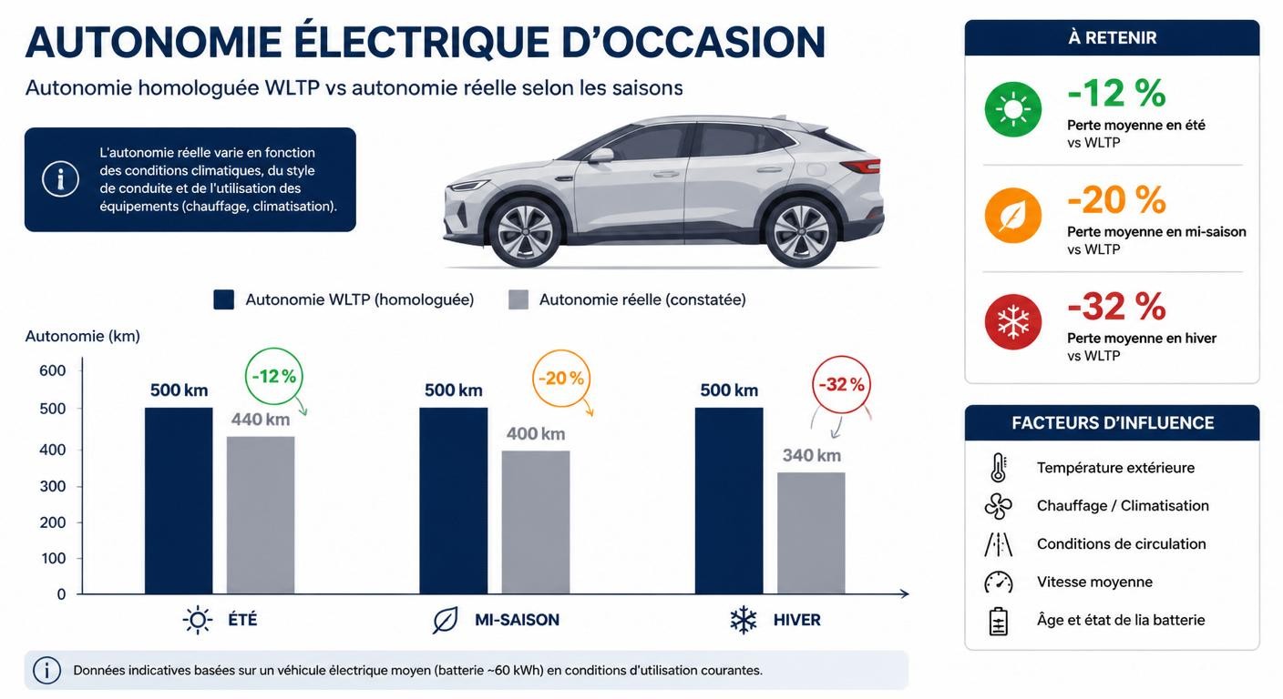 Infographie comparant l'autonomie WLTP et l'autonomie réelle d'un véhicule électrique selon la saison