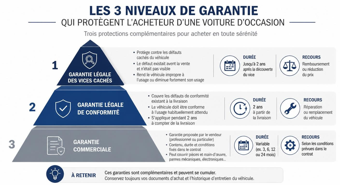 Infographie pédagogique sur les trois garanties protégeant l'acheteur d'une voiture d'occasion