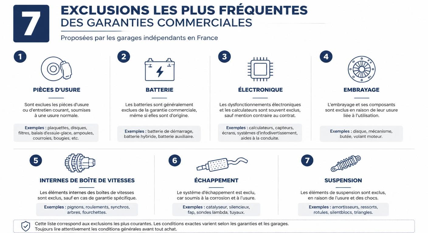 Infographie des sept exclusions fréquentes dans une garantie commerciale d'occasion