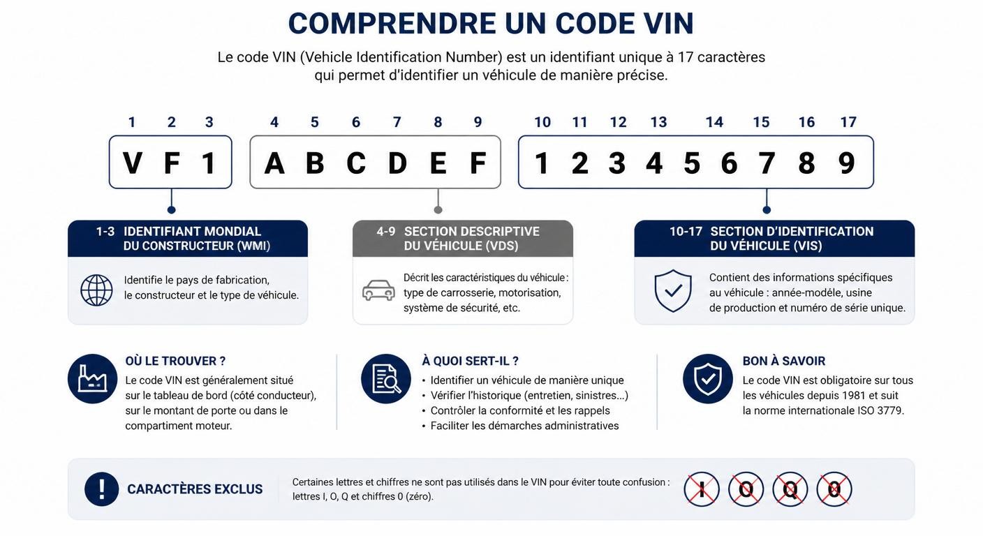Infographie de décomposition d'un VIN en 17 caractères