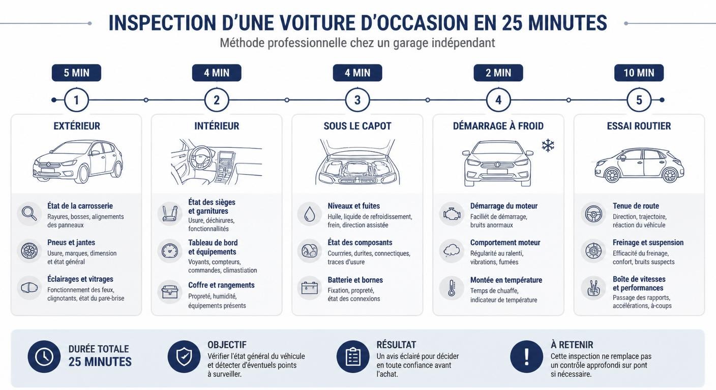 Infographie chronométrée d'une inspection en 25 minutes d'une voiture d'occasion en garage indépendant