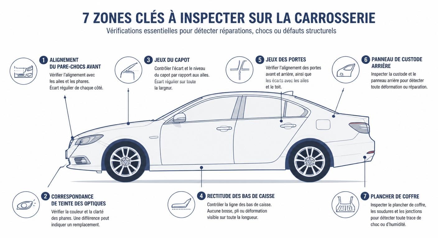 Infographie des sept zones de carrosserie à inspecter sur une voiture d'occasion