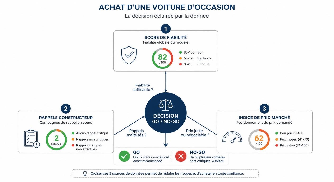 Infographie du triangle de décision croisant fiabilité, rappels et cote argus