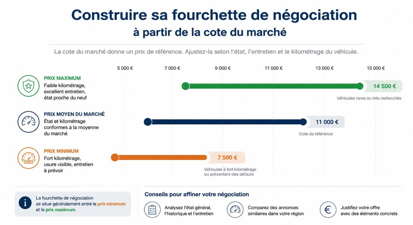 Infographie de calibrage d'une fourchette de négociation à partir de la cote argus