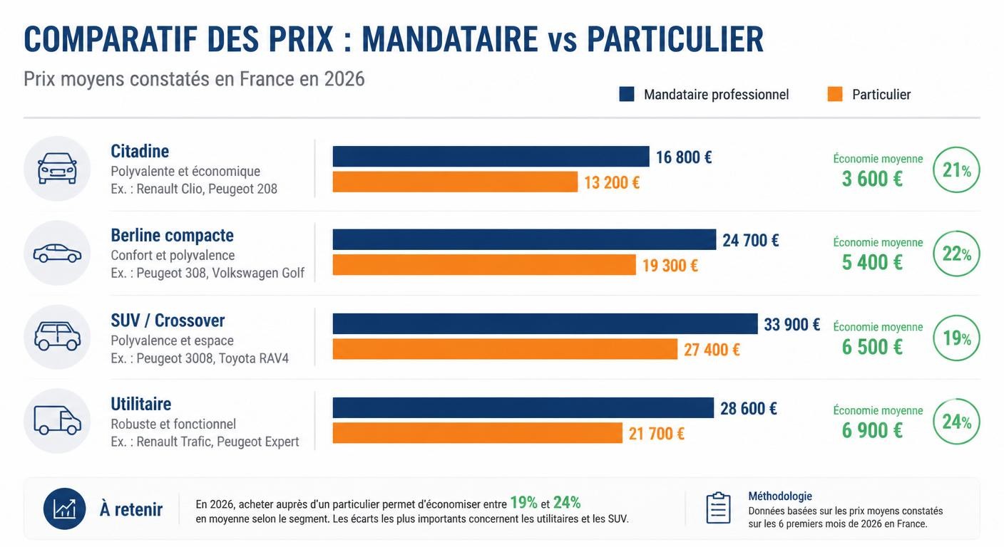 Infographie comparant l'écart de prix entre garage et particulier par segment automobile en France en 2026