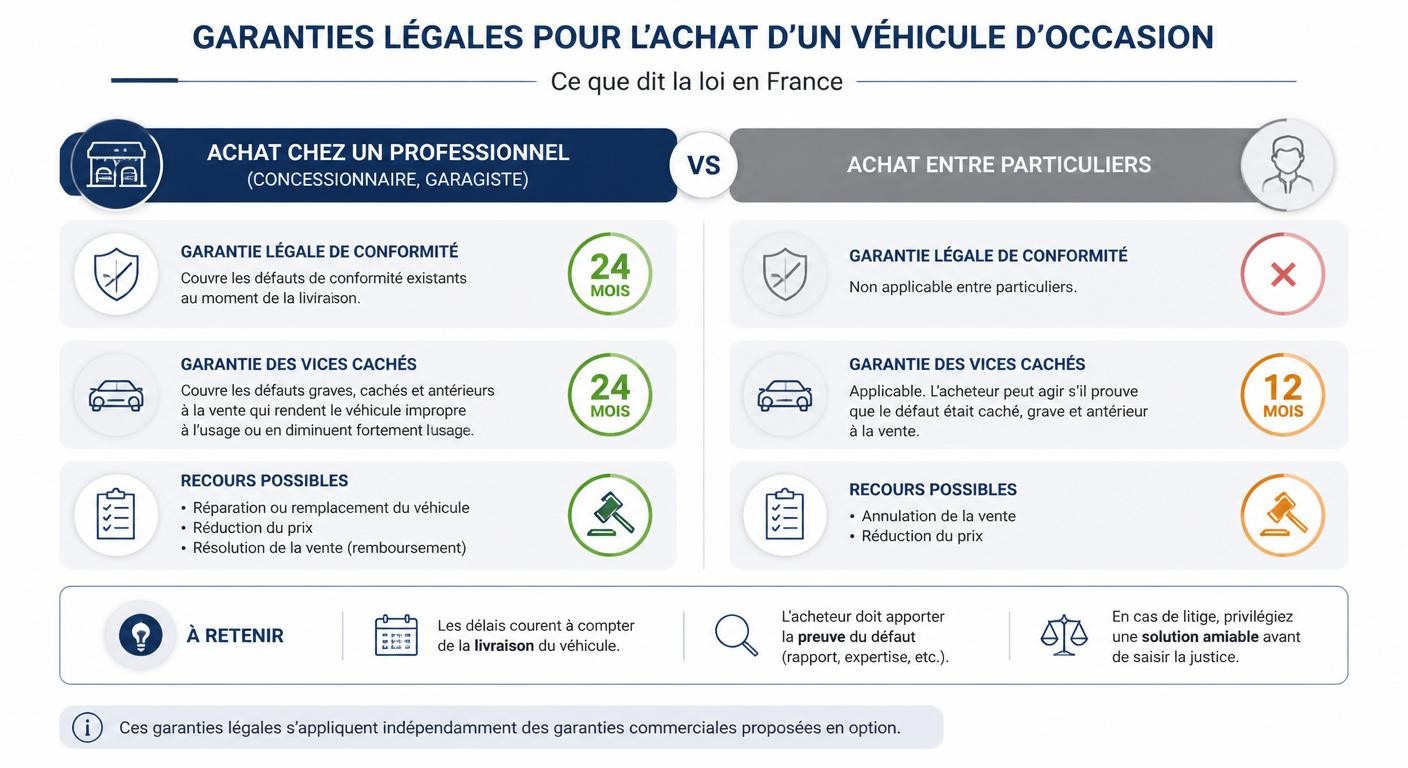 Infographie comparant les garanties et recours juridiques pour l'achat d'une voiture d'occasion en garage et chez un particulier