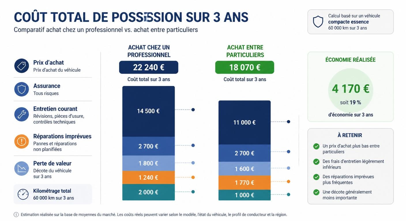 Infographie comparant le coût total de possession sur 3 ans d'une voiture d'occasion achetée en garage et chez un particulier