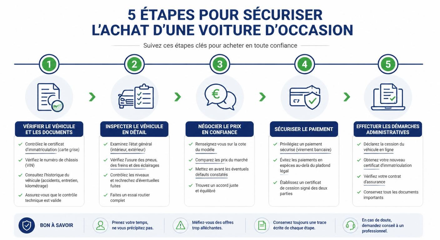Infographie des 5 étapes pour sécuriser une transaction de voiture d'occasion en France