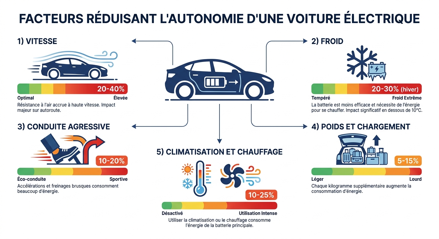 Infographie des 5 facteurs qui réduisent l'autonomie d'une voiture électrique
