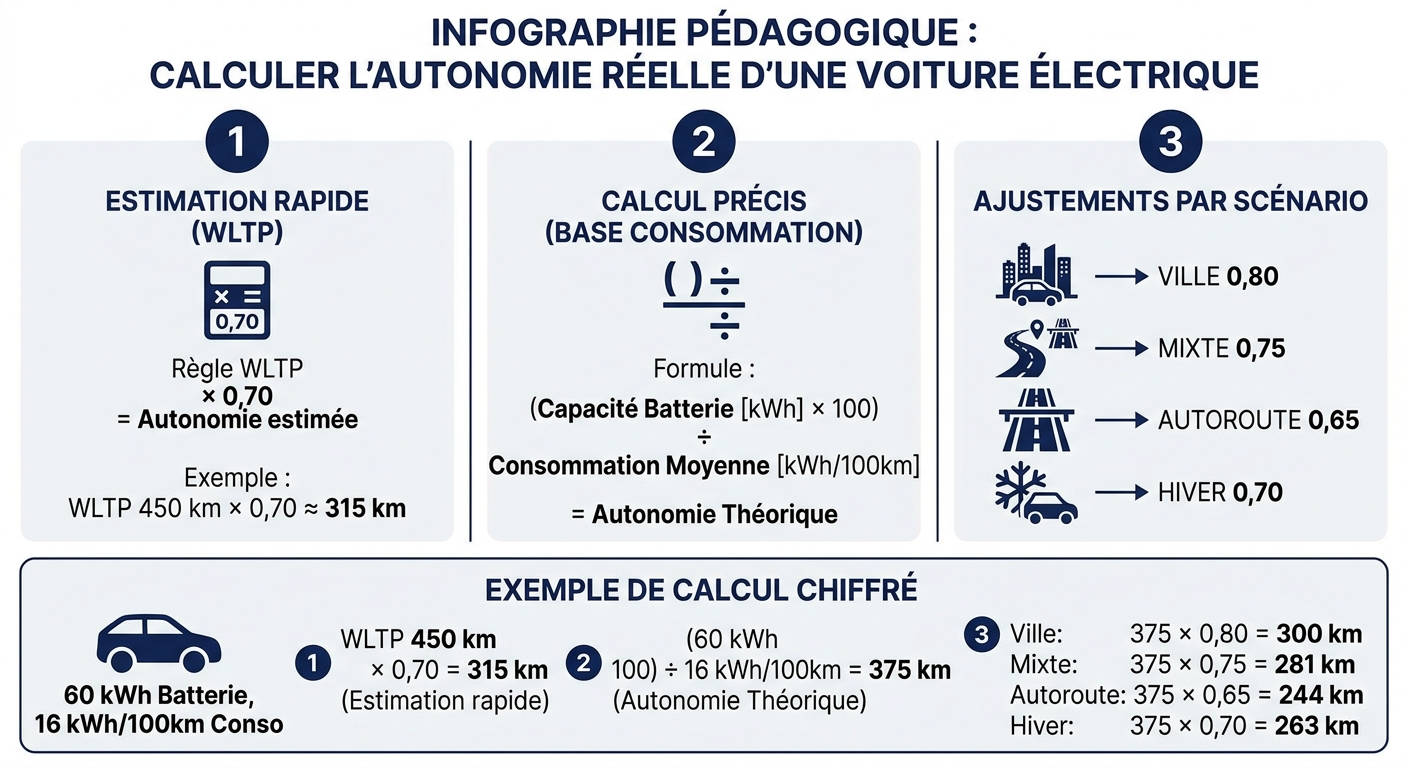 Infographie en 3 étapes pour calculer l'autonomie réelle d'une voiture électrique