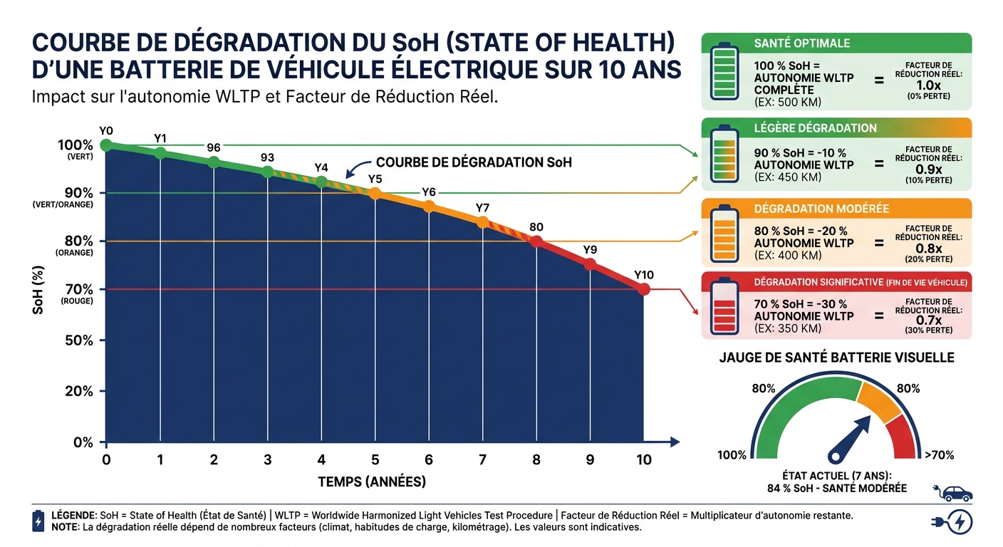 Infographie montrant l'impact du SoH sur l'autonomie résiduelle d'un véhicule électrique d'occasion