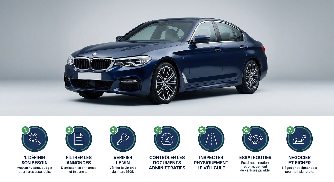 Infographie des 7 étapes pour un achat de voiture d'occasion sécurisé