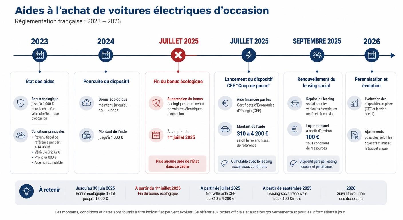 Frise réglementaire des aides voiture électrique d'occasion en France de 2023 à 2026