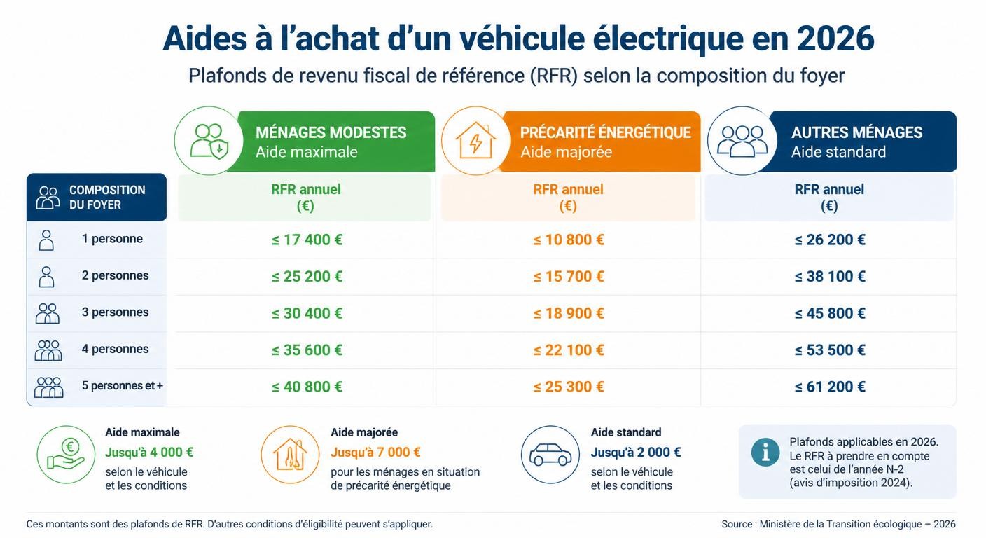 Plafonds de revenus 2026 par catégorie de ménage pour les aides voiture électrique