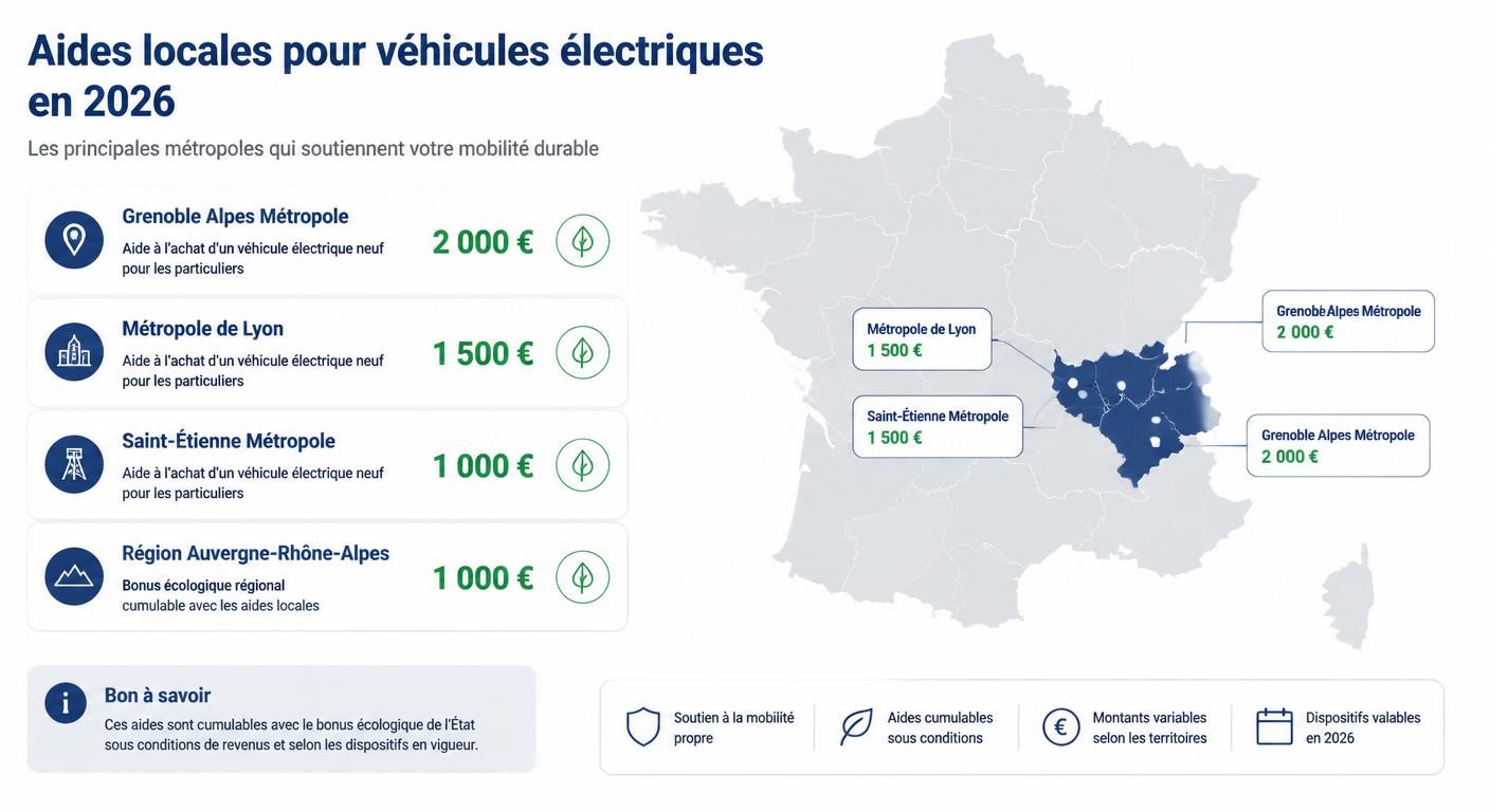 Carte des principales aides locales à l'achat d'une voiture électrique d'occasion en France 2026