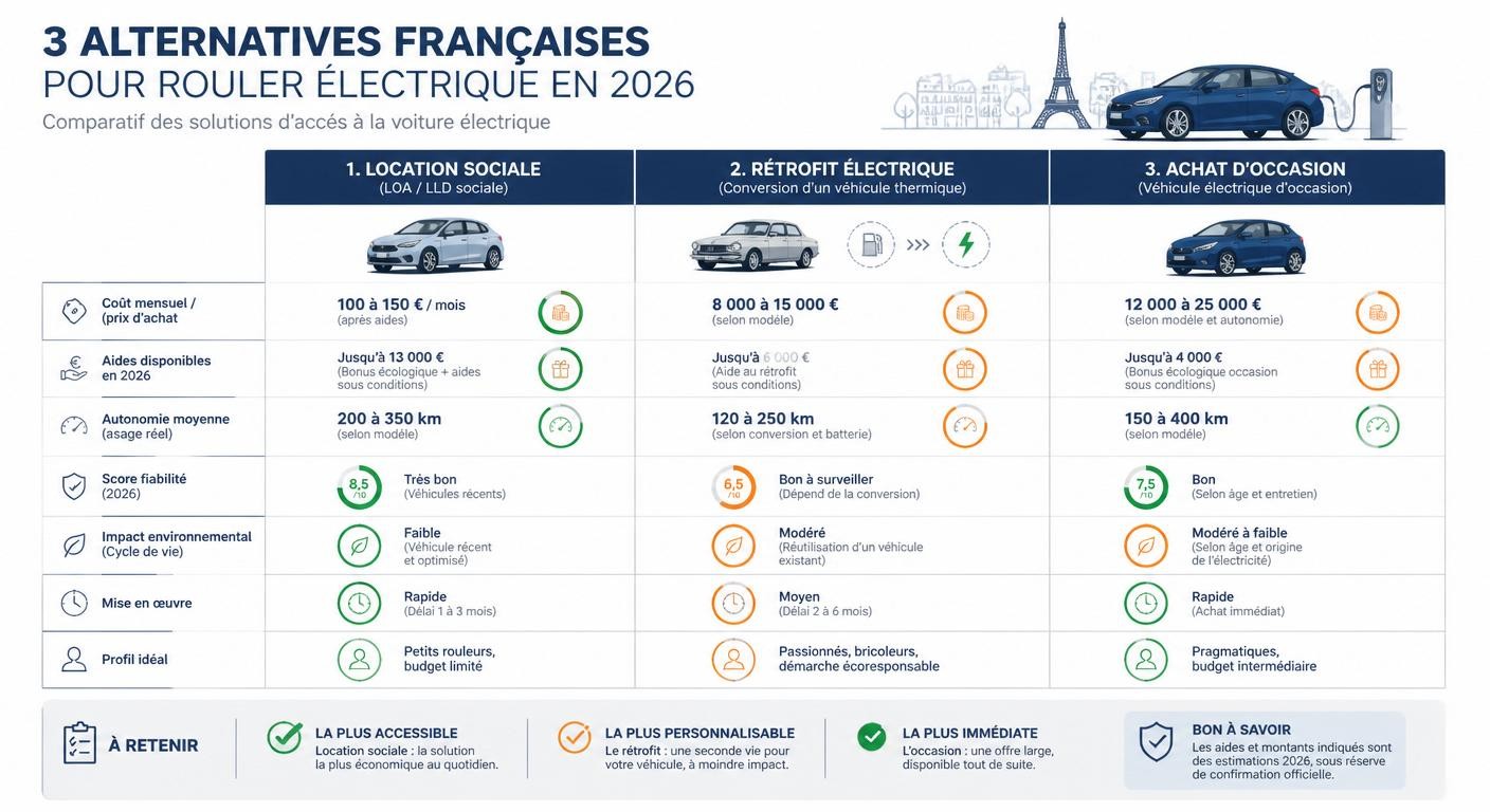 Comparatif leasing social, rétrofit et achat d'occasion pour passer à l'électrique en 2026