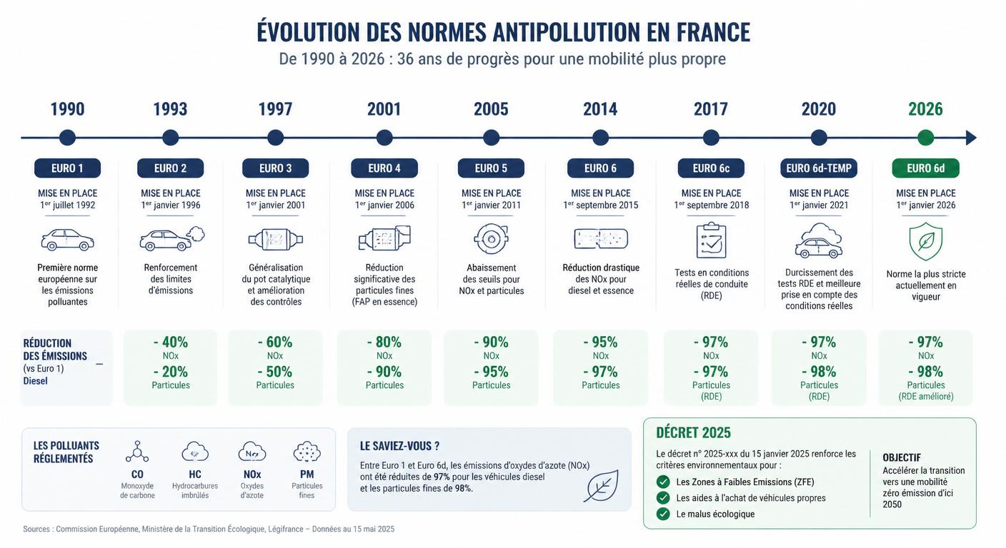 Frise chronologique des normes pollution au contrôle technique de 1990 à 2026