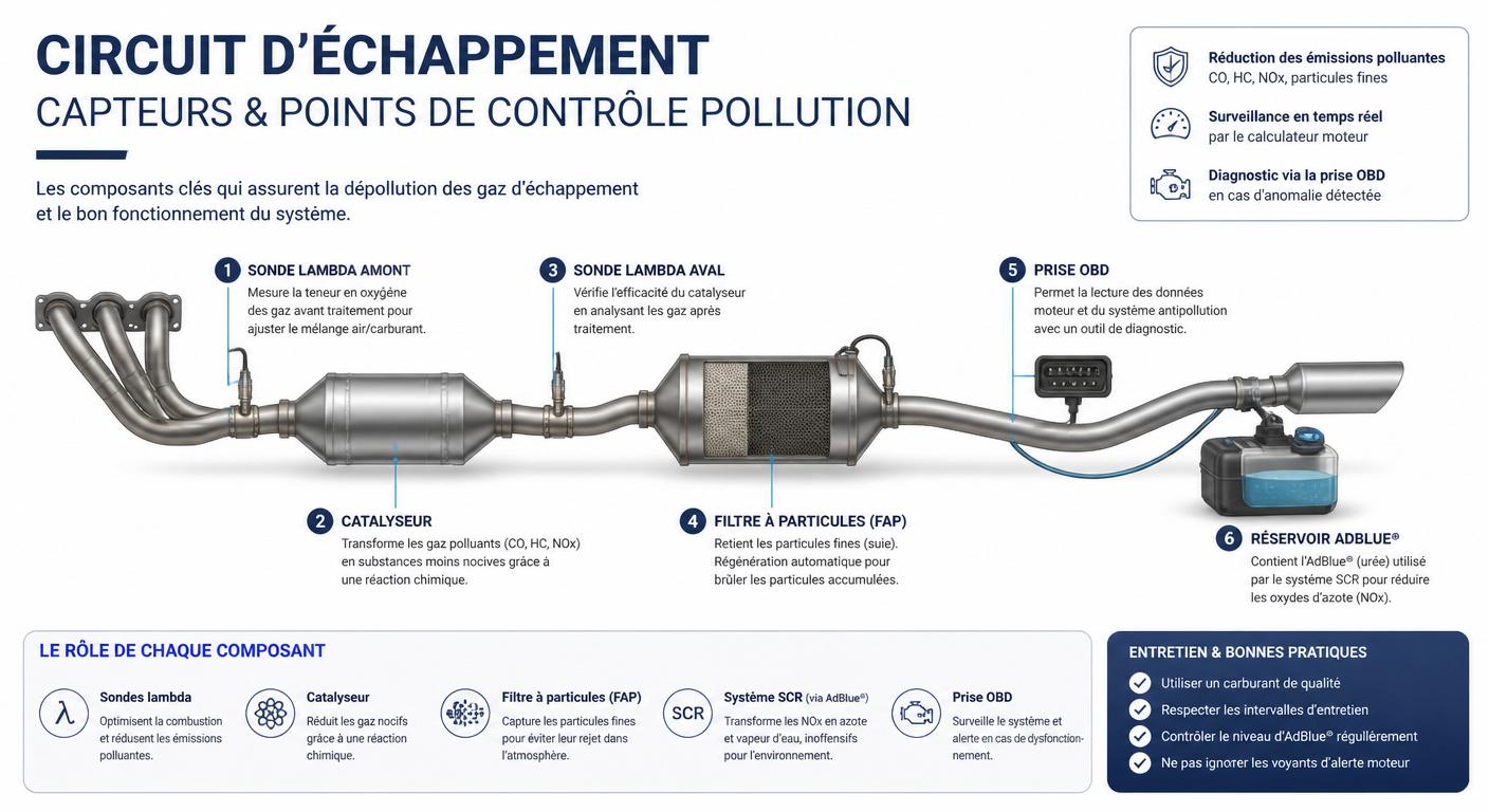 Schéma du circuit d'échappement et des capteurs vérifiés au contrôle antipollution