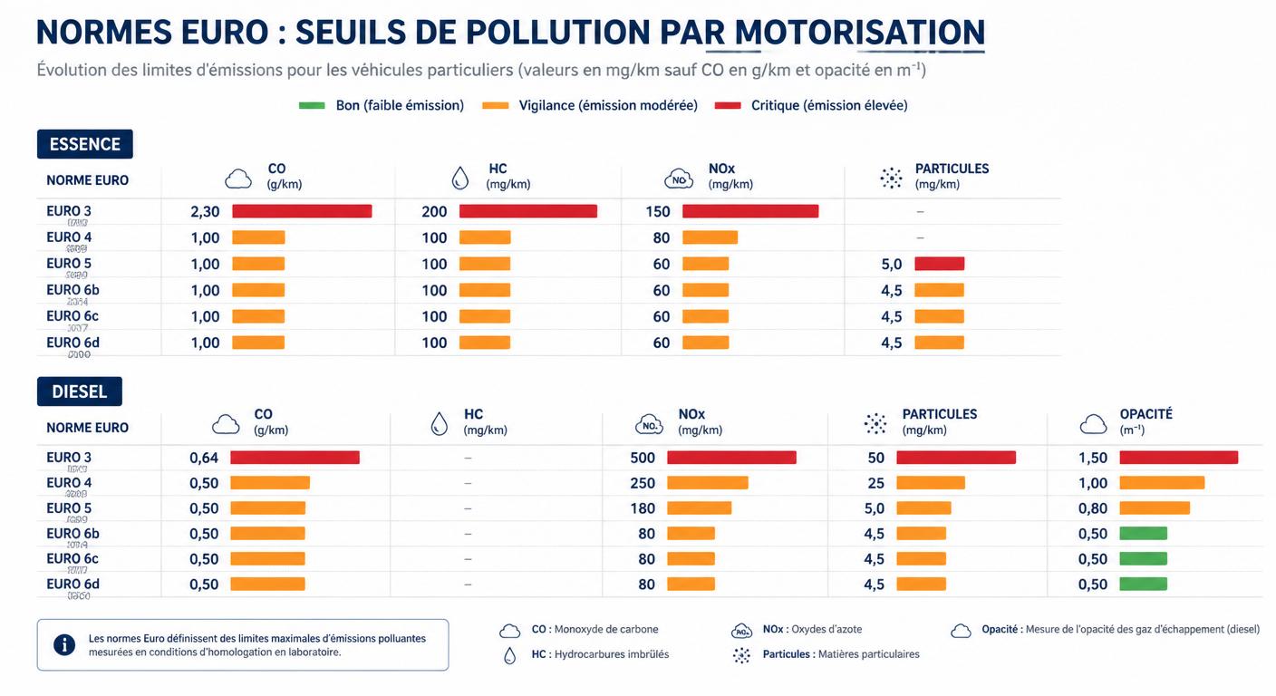 Graphique comparatif des seuils pollution par norme Euro essence et diesel