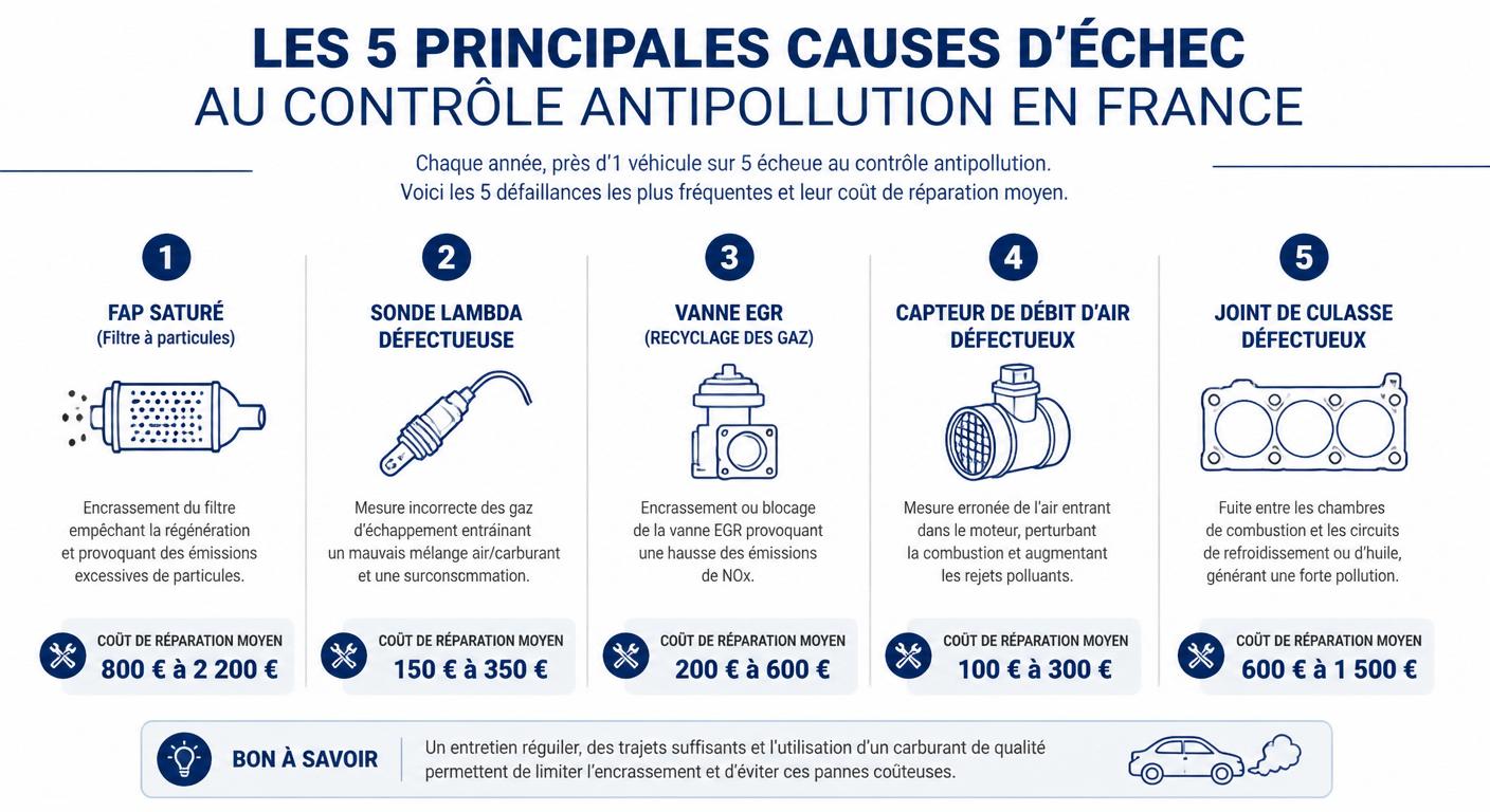 Infographie des principales causes d'échec au contrôle antipollution et coûts de réparation