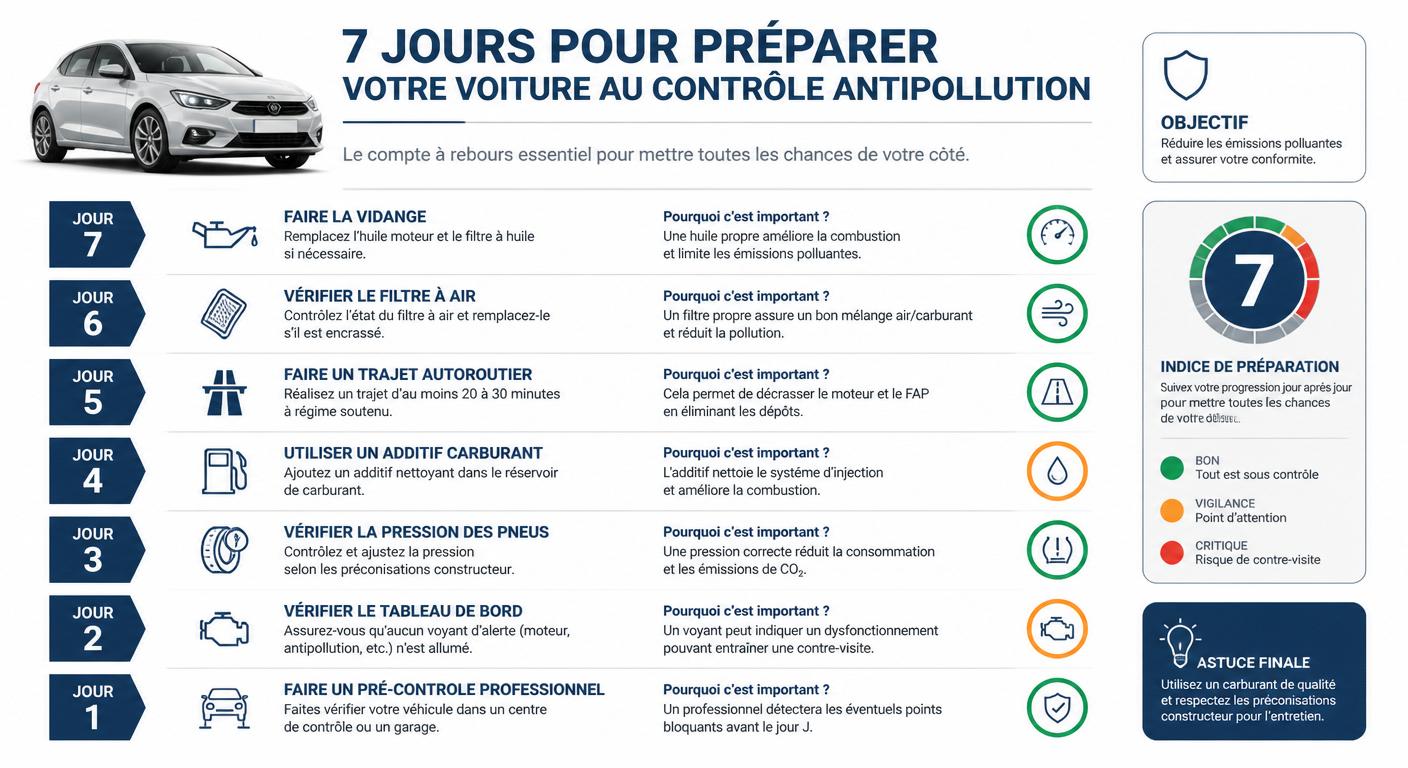 Checklist J-7 à J-0 pour préparer son véhicule au contrôle antipollution