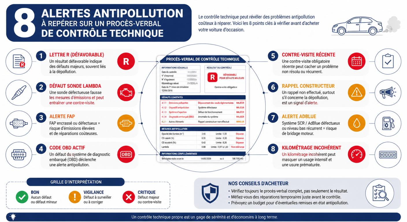 Les 8 signaux antipollution à repérer sur un procès-verbal de contrôle technique avant d'acheter d'occasion