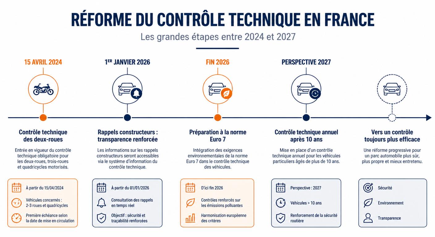 Frise chronologique de la réforme du contrôle technique entre 2024 et 2027