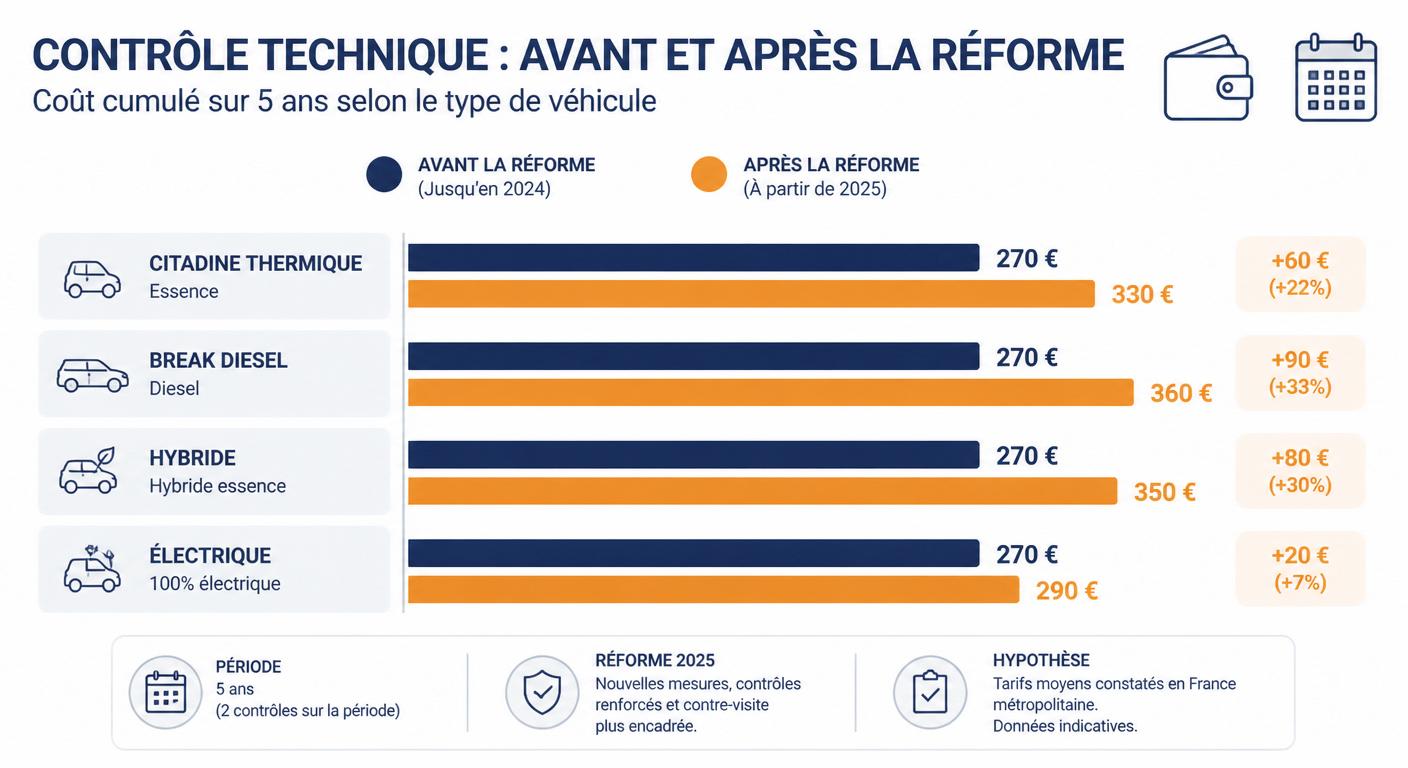 Comparaison du budget contrôle technique sur 5 ans avant et après la réforme 2024