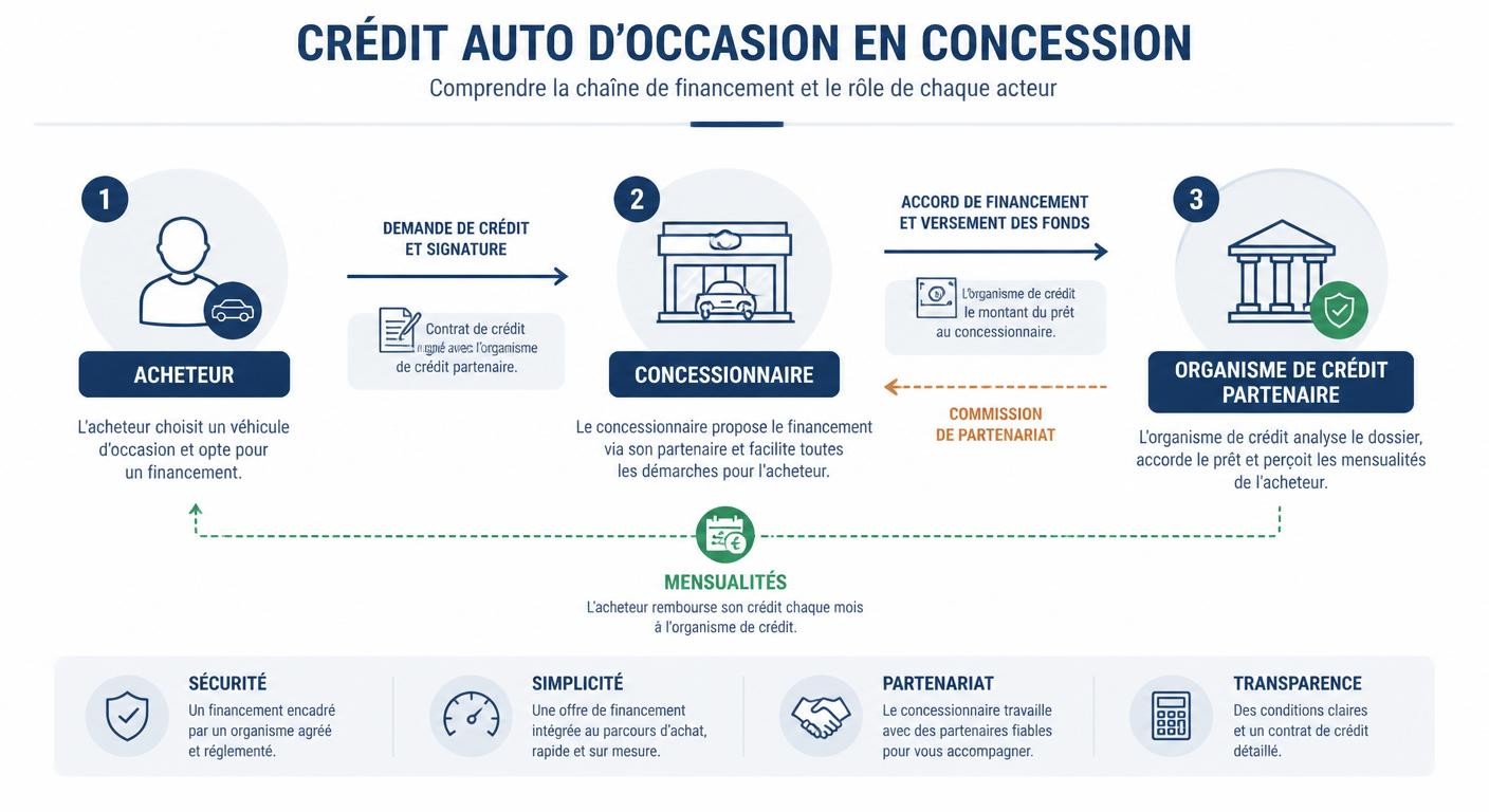 Schéma du circuit du crédit voiture d'occasion en garage entre acheteur, concessionnaire et organisme prêteur