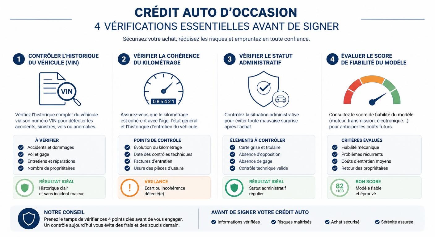 Infographie des quatre vérifications obligatoires avant de signer un crédit voiture d'occasion en garage