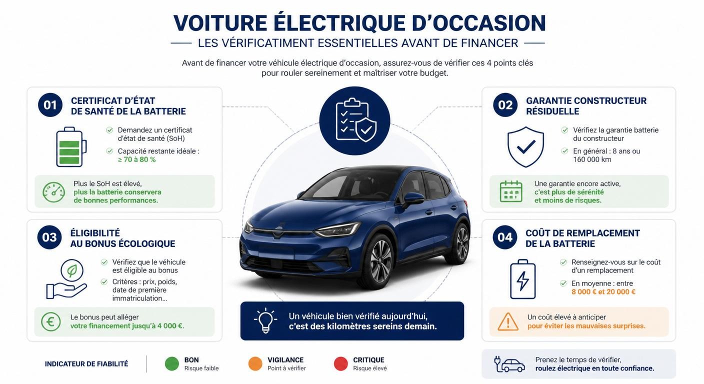 Infographie des vérifications spécifiques au financement d'une voiture électrique d'occasion