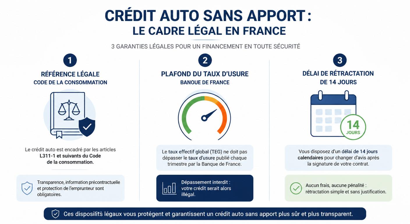 Infographie sur le cadre légal du crédit auto sans apport en France